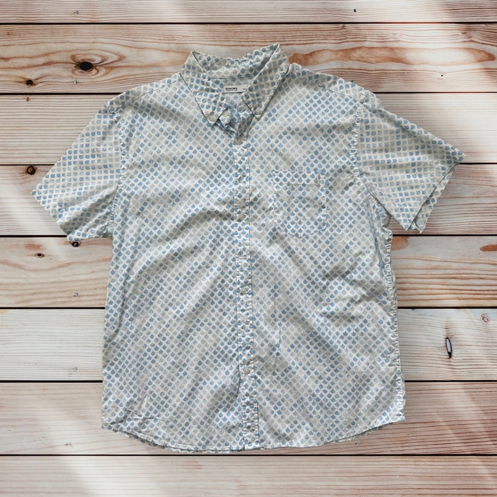 Men's Sonoma XL Short Sleeve Blue/White Pattern Casual Button Down Shirt